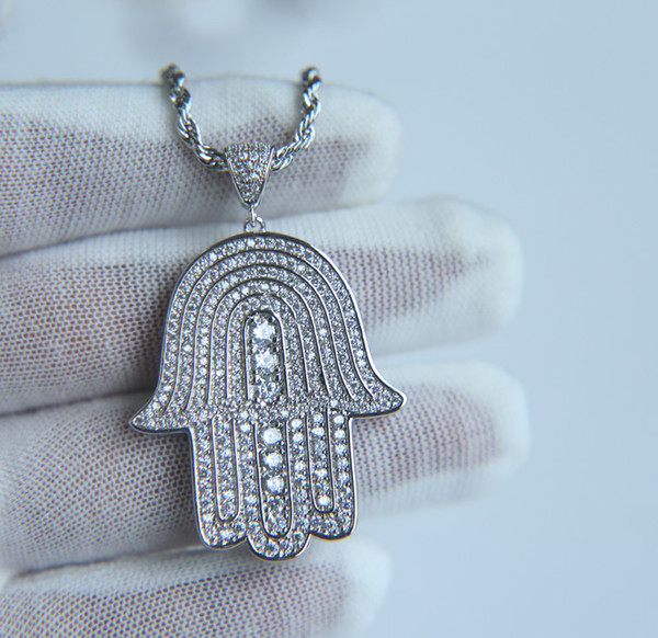 mens lucky hamsa hand pendant necklace hip hop Rock style Full cubic zirconia 24