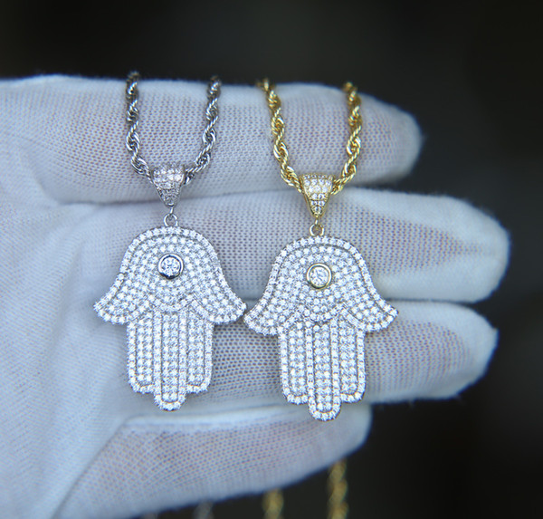 hip hop bling jewelry iced out cool boy mens necklace hamsa hand pendant gold silver plated cz cubic zirconia bling hiphop necklace for men