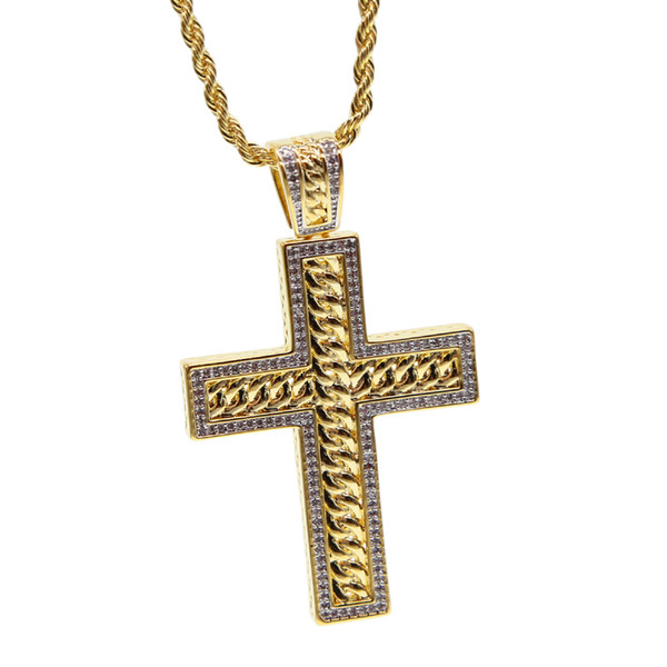 cross pendant necklace for men gold plated cuban link chain design pave bling cubic zirocnia cz high quality boy men Rock hip hop jewelry