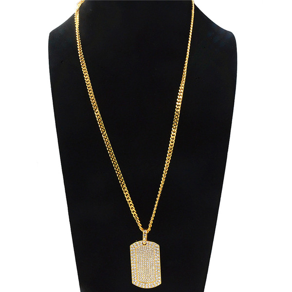 Geometric Rectangle Rhinestone Pendant Necklace For Men Hip-hop Alloy Gold Plated Long Snake Chain Necklace Jewelry Accessories Wholesale