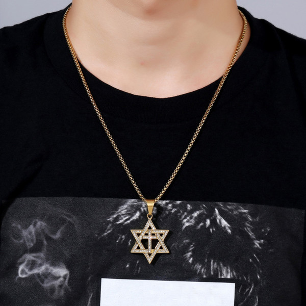 Geometric Six-pointed Star Pendant Necklace Men Hip Hop Gold Plated Stainless Steel Rhinestone Long Necklaces Jewelry Accessories Wholesale