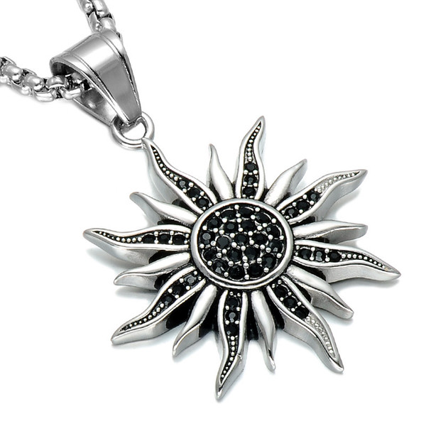 Hip Hop Sunflower Pendant Necklace Geometric Silver Plated Black Rhinestone Long Sweater Chain For Men Fashion Jewelry Accessories Wholesale