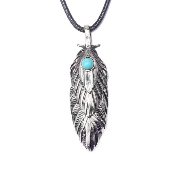 Necklace Jewelry For Men New Fashion High Quality Black Wax Rope Turquoise Antique Silver Plated Alloy Feather Long Pendant Necklaces LN029