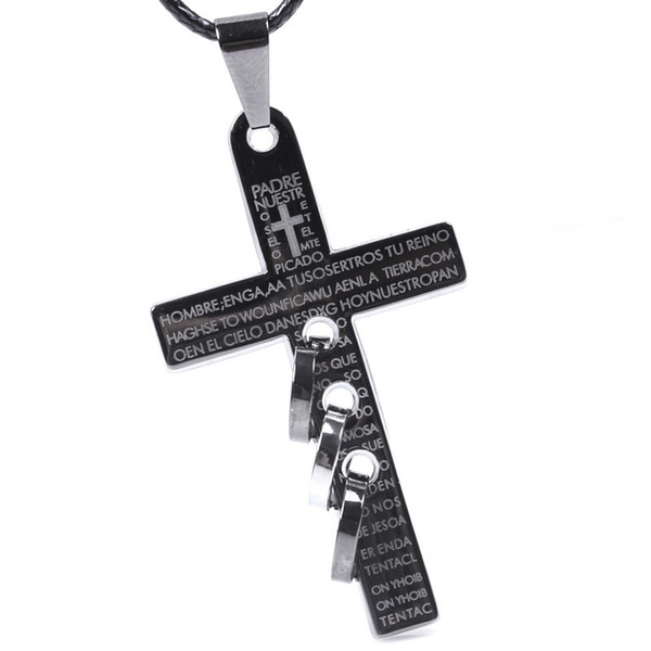 New Personalized Letter Print Cross Pendant Necklace Mens Titanium Steel Cross Pendants Leather Chain Necklaces Casual Jewelry