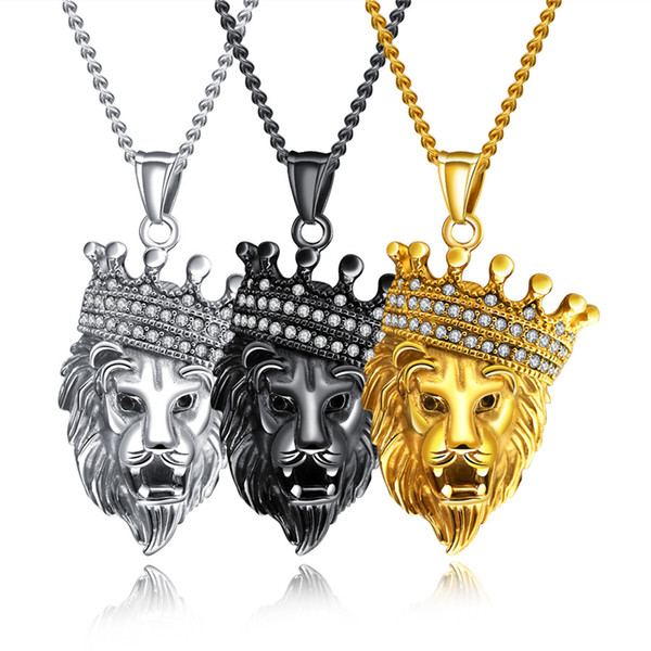 New Aewelry Wholesale European And American Hip Hop Tide Men's Personality Men's Necklace Crown Lion Head Micro-Titanium Steel Pendant