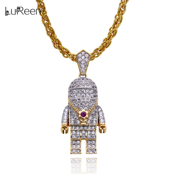 LuReen Gold Silver Astronaut Iced Out Pendant Necklace Mens Hip Hop Spaceman Pendant Body Jewelry Gift