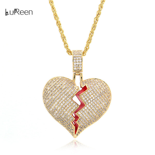 LuReen 24 Inch Gold Silver Broken Heart Pendant Necklace Men's Iced Out Hip Hop Pendant Body Jewelry