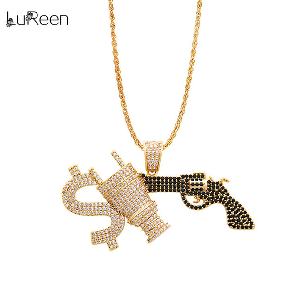 LuReen 24 Inch Gold Dollar Plug Gun Pendant Necklace Men's Iced Out Hip Hop Pendant Full Pave CZ Jewelry Gift