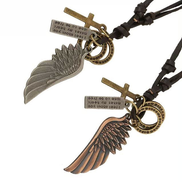 Hotting Men's Trendy Vintage Genuine leather Pendants Necklace Cross feather Wing Pendant Leather Jewelry Punk Necklace Top Quality