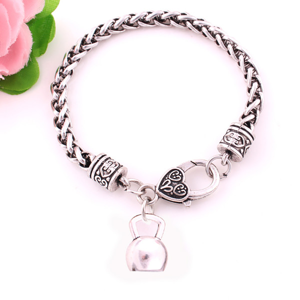 Sporty Style Bracelet Zinc Alloy Metal Silver Plated Bending Barbell Dumbbell Shape Design And Kettle-Bell Wheat Chain Bracelet