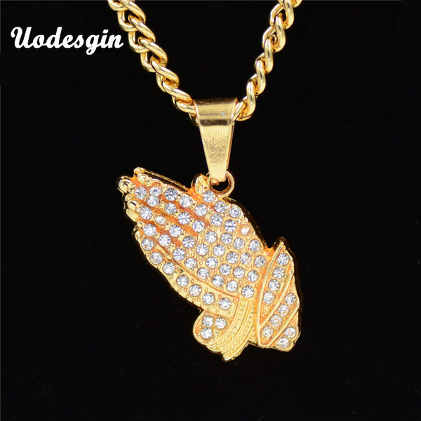 Uodesign HipHop Full Rhinestone Hand Shape Pendant Necklace Women Men Gold Color Religion Prayer Necklace Jewelry