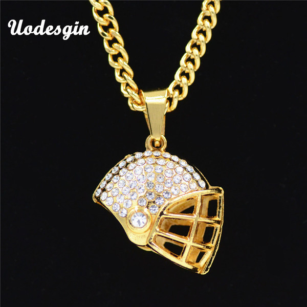 Uodesign Trendy Bling Crystal Hip hop Gold Color Plated Iced Out Crystal Sport Football Paseball Helmet Necklace Pendant Jewelry