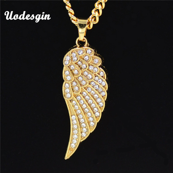 Uodesign HIP Hop Iced Out Bling Full Rhinestone Angel Wings Men Pendants Necklaces Gold Color Alloy Feather Necklace