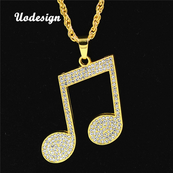 Uodesign Rhinestone Rhythm Pendants Necklace Men Hiphop Music Note Long Chain Gold Color Alloy Necklace