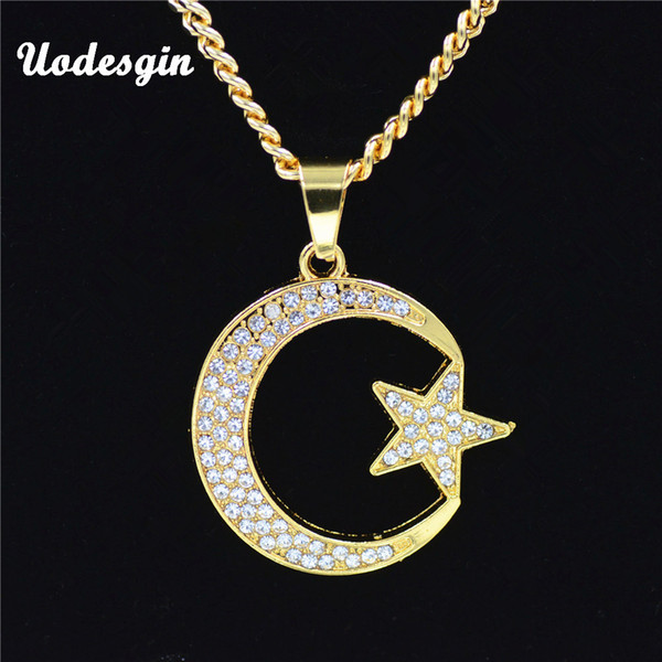 Uodesign Trendy Bling Crystal Gold Chain Necklace Link Chain Moon Star Pendant Necklace for Men Male Jewelry