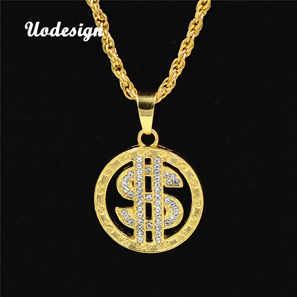 Uodesign US Dollar Money Necklace & Pendant Alloy Gold Color Chain For Women/Men Rhinestone Hip Hop Bling Men Jewelry