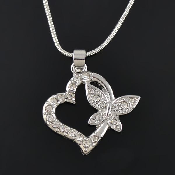 New Arrival 30pcs/lot Rhodium Plated Fashion Snake Chain Necklaces Carve Butterfly Inlay The Heart With White Crystal Gifts For Friends