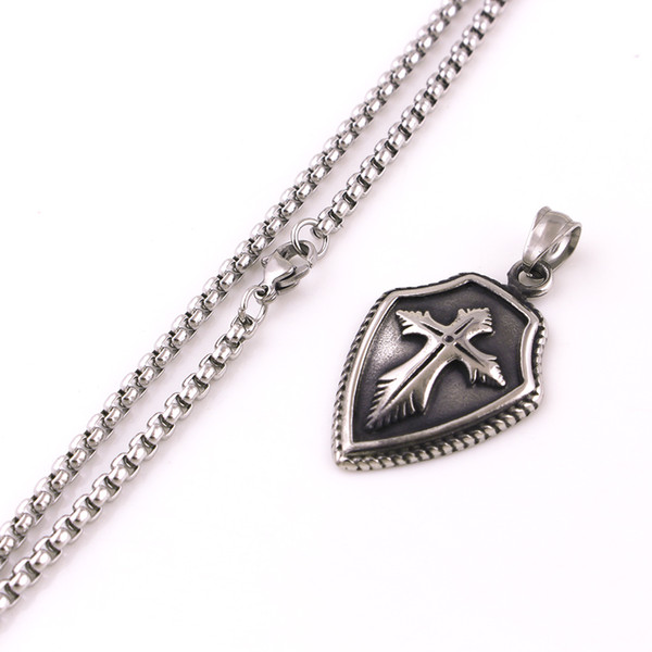 Vintage Men jewelry Stainless Steel Cross Shield Pendant Charm Personality Men Necklace Jewelry