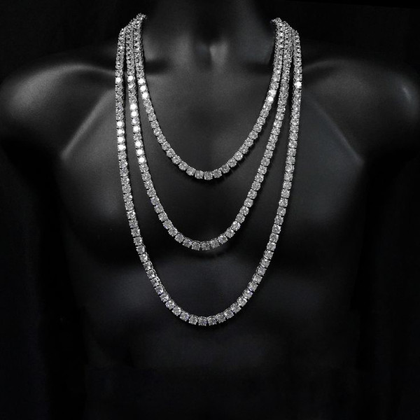 2019 Hip hop tennis chain necklace with cz paved for men jewelry with white gold plated long chain tennis necklace mens jewelry