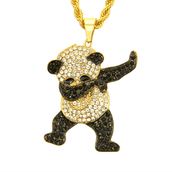 Gold Color Rhinestone Luxury Hip Hop Dancing Funny Animal Panda Pendant Iced out Rock Hip Hop Necklaces for Mens Jewelry Gifts