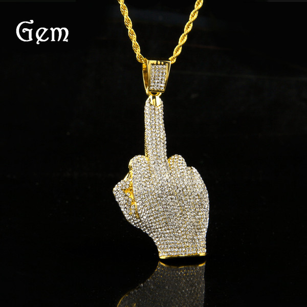 Middle Finger Diamond Necklace Street Wind Heavy Drill Full Diamond Alloy Big Finger Pendant Vertical Middle Finger Hip Hop Necklace