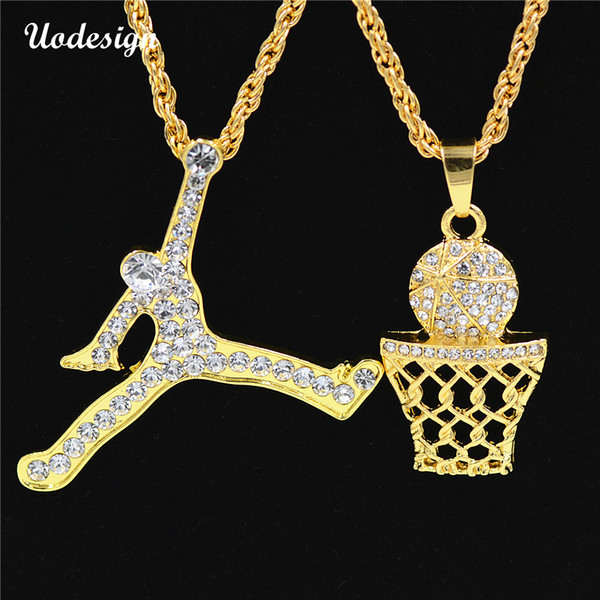 Uodesign Hip Hop Iced Out Bling Full Rhinestone Number 23 & Sports Man Pendants Necklaces Gold Color Necklace for Men Jewelry