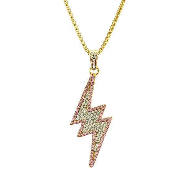 Hip Hop Bling Lightning Pendants with Stainless Steel Chain Necklace shipping Necklace wholesale