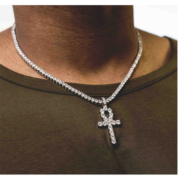 Mens Bling Iced Out Egyptian Ankh Key Pendant Necklace Gold Plated Hip Hop Rhinestones Crystal Cuban Link Chain Men Jewelry Necklace