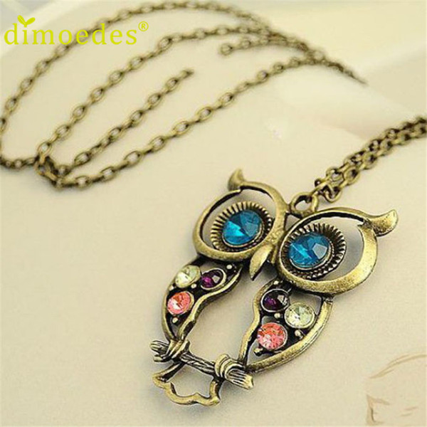 Wholesale-Best seller Diomedes Fashion Lady Crystal Big Blue Eyed Owl Long Chain Pendant Sweater Coat Necklace collar escudo Apr13