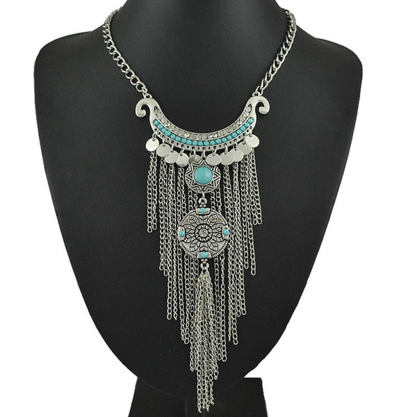 Wholesale-Bohemian Long Tassel Necklace Women Boho Gypsy Coin Turquoise Statement Necklaces&Pendants Fashion Turkish Jewelry Collier Femme