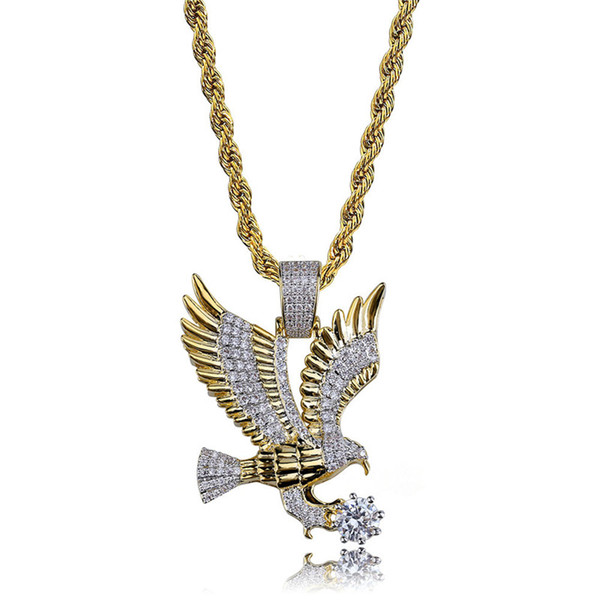 Eagle Mens Pendant Necklace Real Gold Plated Copper Inlaid Zircon Eagle Pendant 60cm Stainless Steel Chain