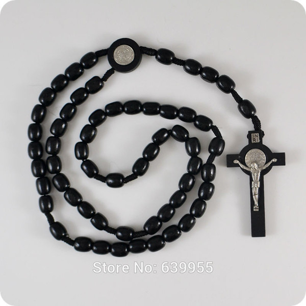 New Black Wood Rosary Beads Saint Benedict Medal Inri Jesus Cross Pendant Necklace Catholic Fashion Religious Jewelry