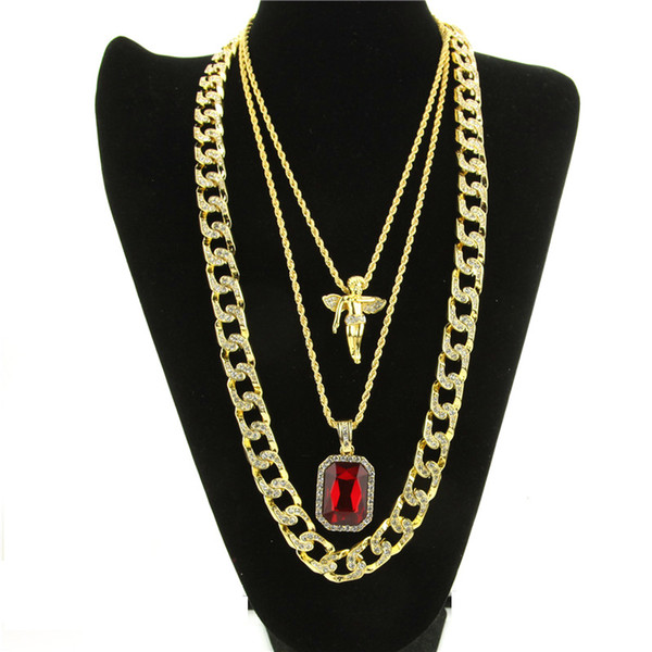 Micro Angel, Red Stone, Cuban Link Chain 3 Necklace Set Gold Plated Necklace Jewelry Hip Hop Necklace For Men Women