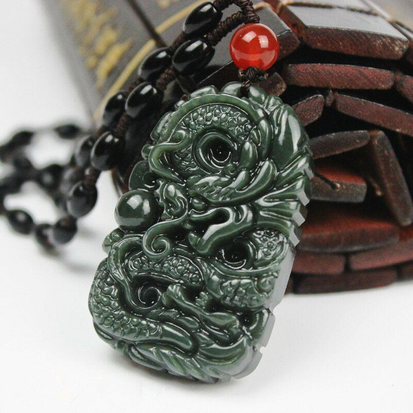 Pure natural hand carved jade dragon China Hetian jade pendant auspicious dragon Necklace FREE male body