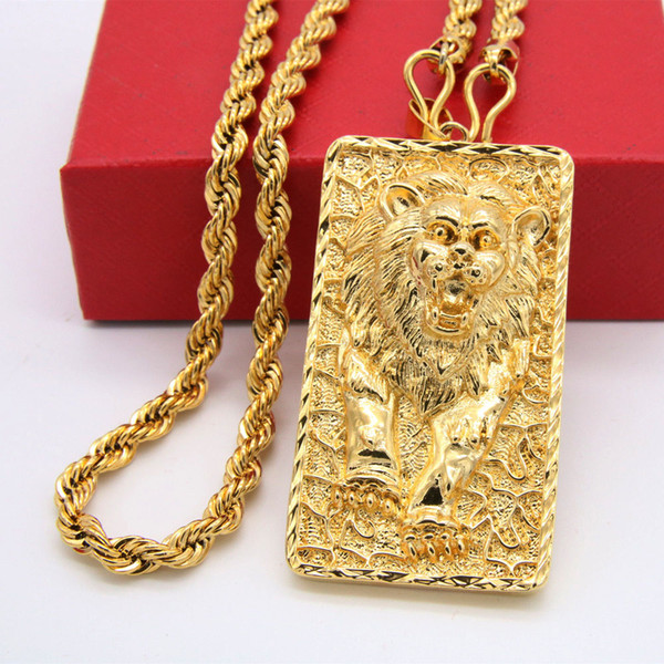 Big Lion Pattern Pendant Rope Chain Necklace 18k Yellow Gold Filled Solid Mens Jewelry Hip Hop Style