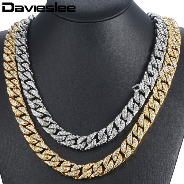 Davieslee14mm Men's Necklace Hiphop Iced Out Miami Curb Cuban Gold Necklace Paved Clear Rhinestones Womens Mens Chain DLGN432