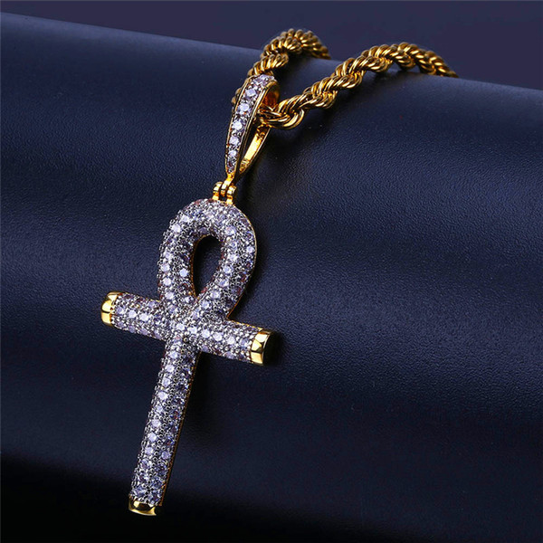 Hiphop Egyptian Angel Key Pendant Necklaces For Men Luxury Zircon Gold Plated Necklace Brand Hip Hop Jewelry Wholesale