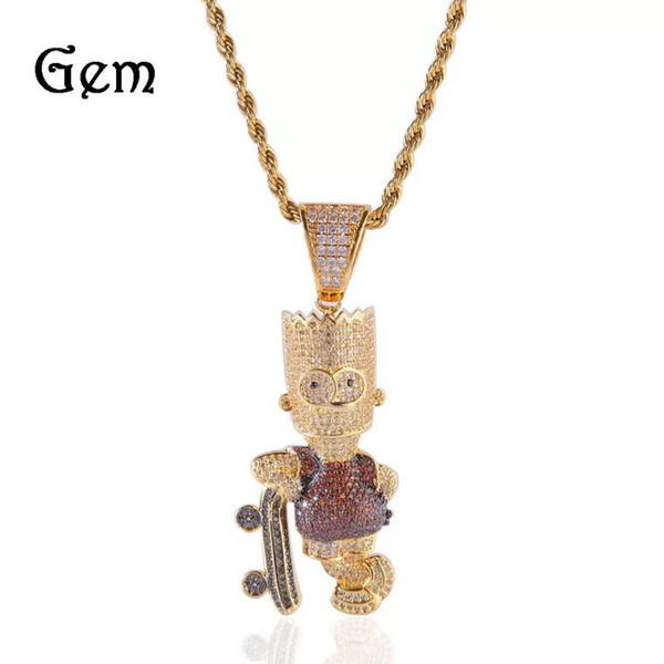 Hip Hop Cartoon 3D Simpson Pendant Necklace Iced Out Micro Paved Color Zircon Neckalce for Men Gift Jewelry