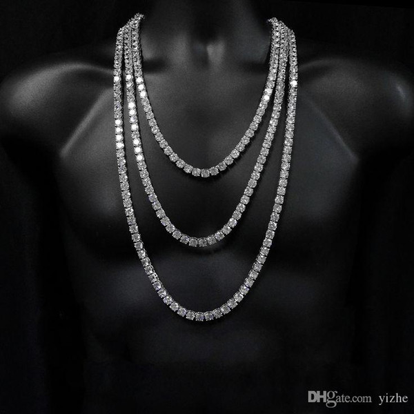 Hip hop tennis chain necklace with aaa cz paved for men jewelry with white gold plated long chain tennis necklace mens jewelry