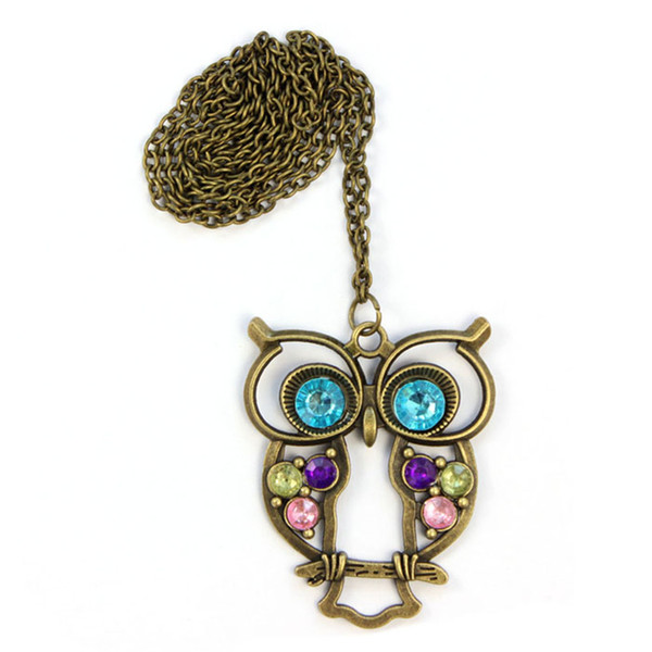 Wholesale-Brand new Women Lady Crystal Blue Eyed Owl Long Chain Pendant Sweater Coat Necklace #20 2016 Gift 1pc