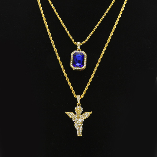 Mens Hip Hop Jewelry sets Mini Square Ruby Sapphire Full crystal Diamond Angel wings pendant Gold chain necklaces For male Hiphop Jewelry