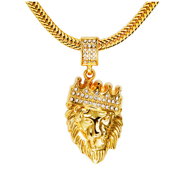 2017 Fashion Hip Hop Shiny Diamond Crystal Crown Lion Head Pendant Necklace Mens 14K Gold Plated Long Chain Necklace Party Gifts