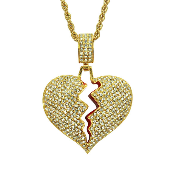 New hot Hip hop pendant necklace Stainless steel chain Hip hop crystal heart BrokenHeart jewelry pendant necklace wholesale for men