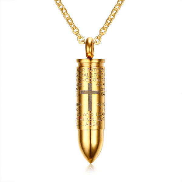 Bullet Pendant for Men Engraved Cross Lord Bible Prayer Necklace Stainless Steel Male Jewelry Cremation Ashes Urn Bijoux