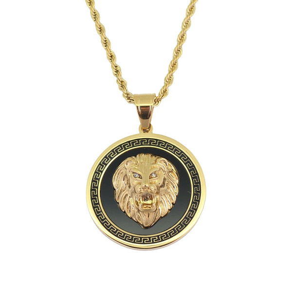 hip hop lion head round pendant necklaces for men western animal luxury necklace Stainless steel Cuban chains dog tag jewelry free shipping