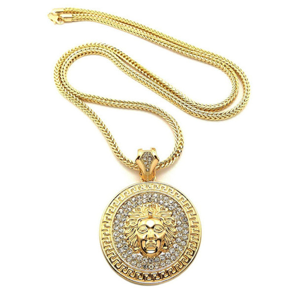 Medusa AAA+ Pendant Necklace Gold Gun Plated Alloy Diamond Necklace Fashion Jewelry for Women Men Hip Hop Necklace