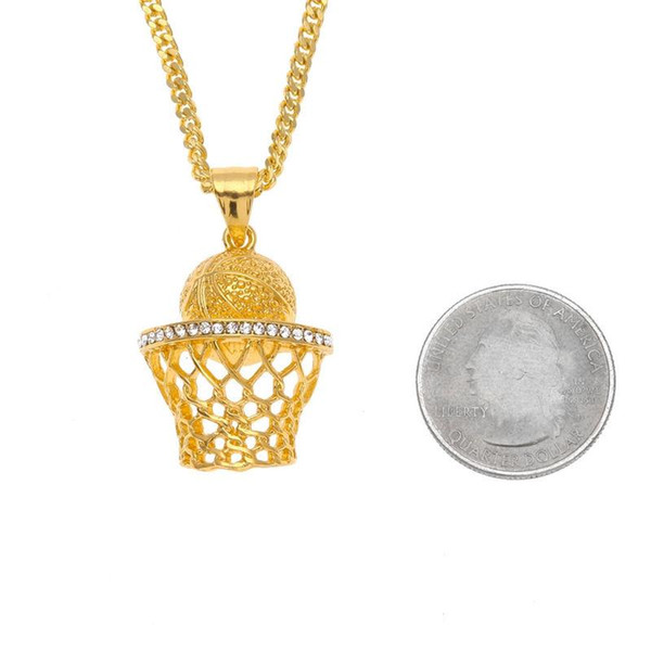 Fashion Hip Hop Iced Out 14K Gold Plated Mini Basketball Rim Pendant Necklace Long Chain Necklaces Mens Jewelry Gold Silver 2 Colors KKA1861