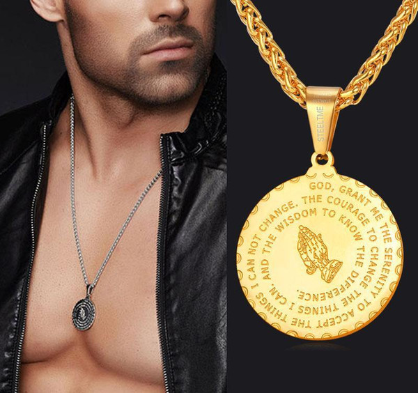 Men Jewelry Praying Hands And Bible Verse Pendant Necklace With Wheat Chain For Men 18K Gold Plated/Stainless Steel KKA1829