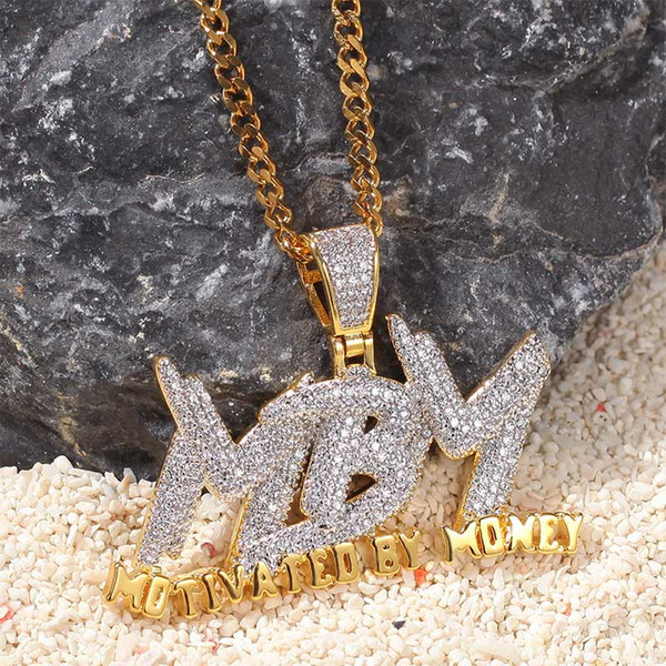 Custom letter Motivated By Money Pendant With Cuba Chain Gold Silver Color Bling Cubic Zircon Men's Hip hop Necklace Jewelry For Gift