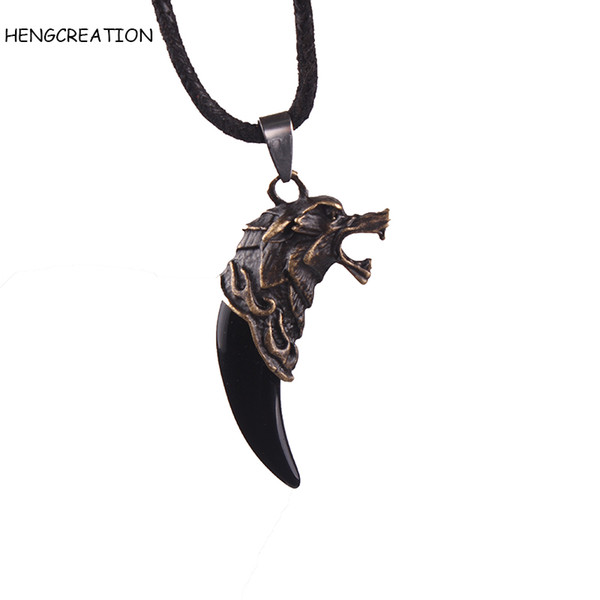 Male Wolf Head Pendant 31 inch long Black Wax Cord Men's Necklace Vintage Animal Jewelry Wolf Head Teeth Hange free shipping